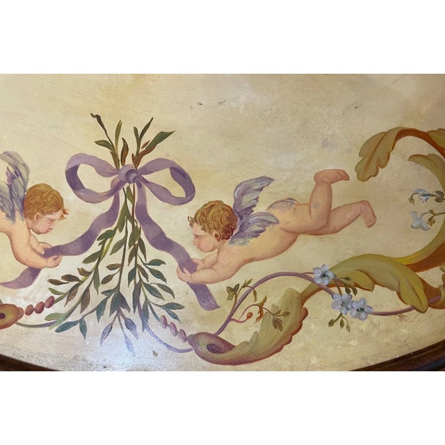 Pair of 2 Large Vintage Oval Original Hand Painted Oil Painting Cherub Frescos For Sale - Image 9 of 15