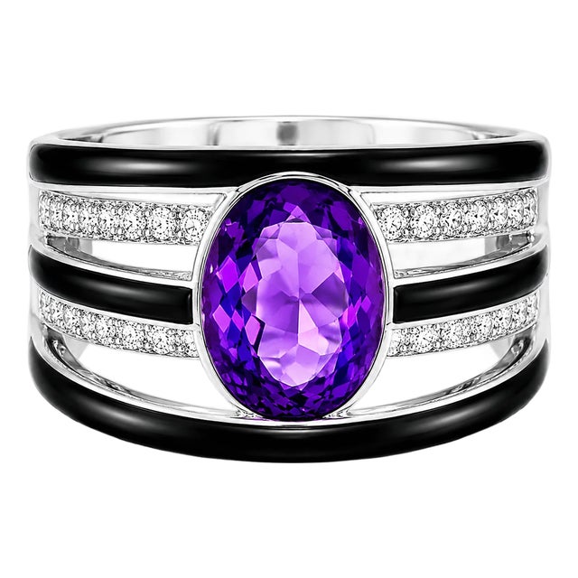 Late 20th Century 14K White Gold Diamond Amethyst Onyx Band Ring, Size 7.25 For Sale
