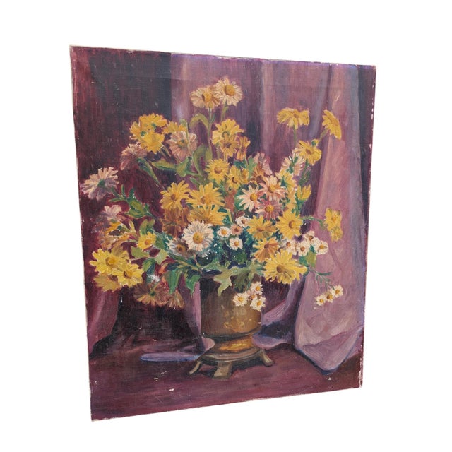 Early 20th Century Still Life Flower Bouquet Oil Painting on Canvas You can see the nail heads used to hold the stretched...