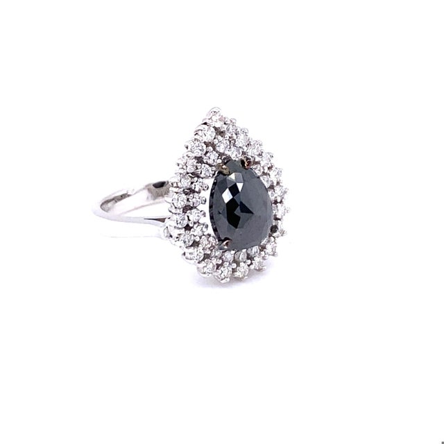 3.01 Carat Black and White Diamond Double Halo 14 Karat White Gold Bridal Ring, Size 7 For Sale - Image 4 of 6