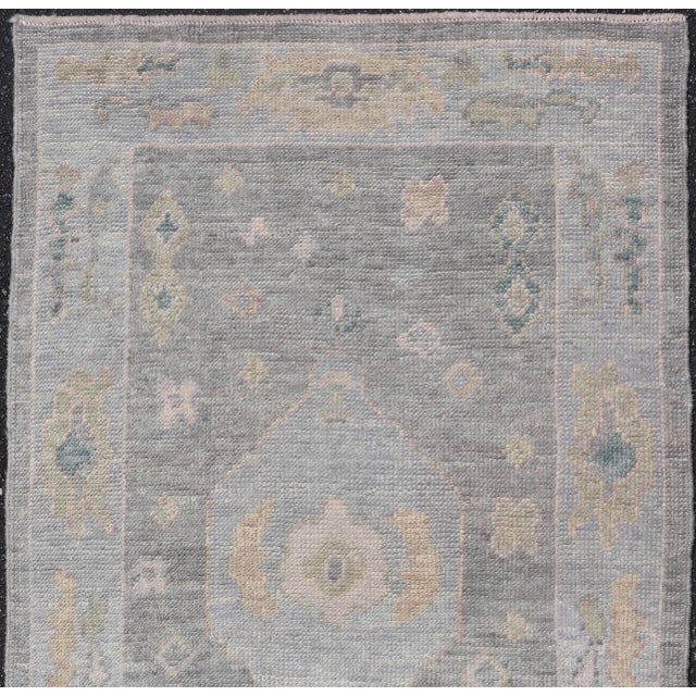 Tribal Turkish Oushak Rug With Soft Gray Field and Pale Blue Medallion For Sale - Image 3 of 12