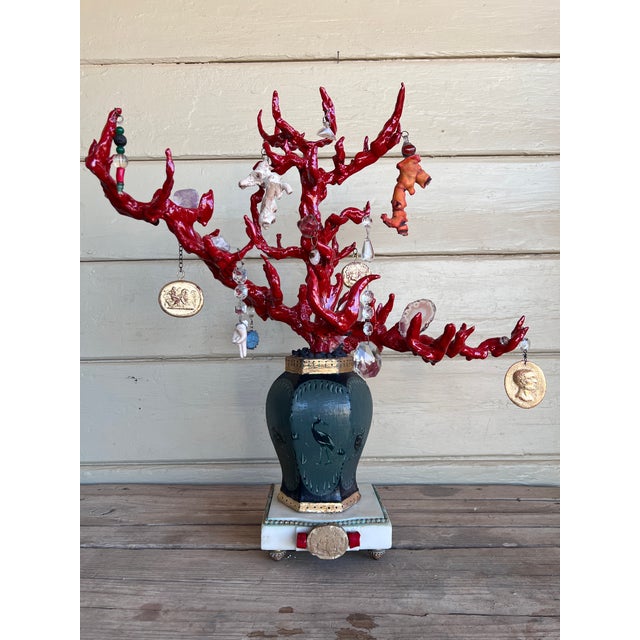 Wunderkammer-Style High-Quality Faux Red Coral Decorative Sculpture With Antique Pendants Handpainted Vase & Marble Base For Sale - Image 17 of 17