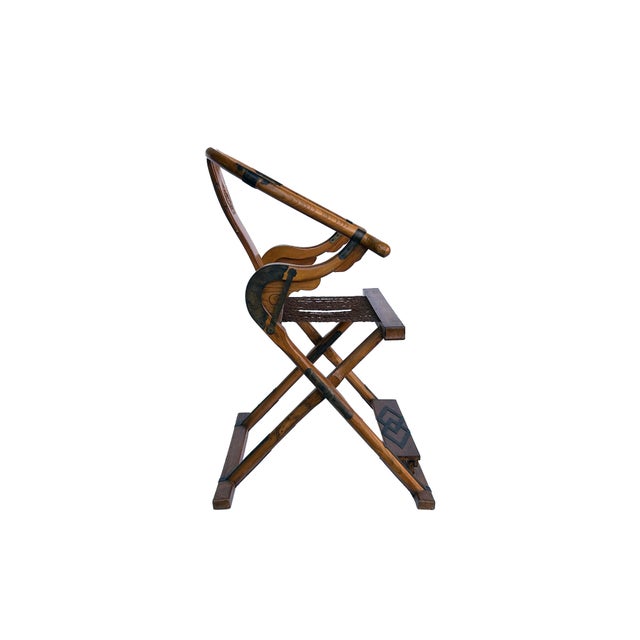 Burnt Umber Vintage Chinese Folding Horseshoe-Back Ru Yi Medallion Motif Folding Armchair For Sale - Image 8 of 11