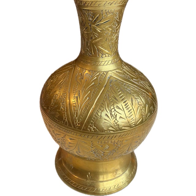 Mid-Century Modern Vintage Mid-Century Indian Hand-Etched Brass Floral Baluster Vase With Warm Patina For Sale - Image 3 of 7