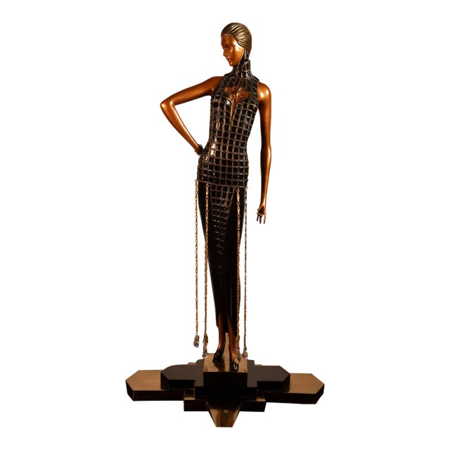 1990s Erte Limited Edition Art Deco Bronze Sculpture With Crystal Beaded Dress, 20.5" For Sale