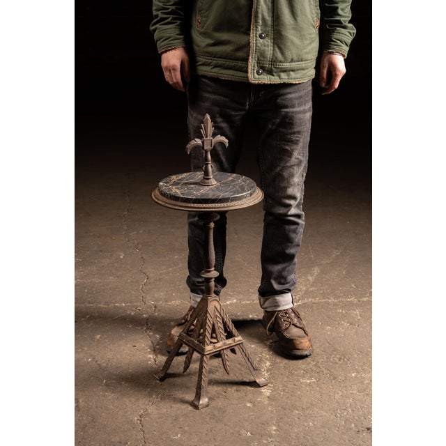 1920s Art Deco Cast Iron & Potoro Marble Smoking Stand With Fleur-De-Lis Finial For Sale - Image 4 of 10