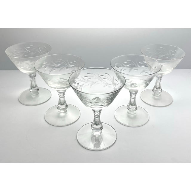 American 1950s Fostoria “Bridal Wreath” Set of 5 Coupe Champagne Glasses For Sale - Image 3 of 6