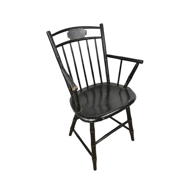 Traditional Vintage Black Painted Windsor-Style Armchair With Gold Pinstriping and Tablet Back For Sale - Image 3 of 12