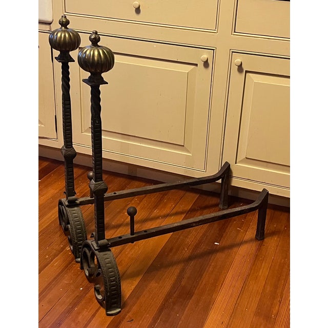 Very Large Antique 19th Century French Baroque Wrought Iron and Bronze Andirons With Gothic Tudor Arch for Limestone Fireplace Mantel For Sale - Image 12 of 15
