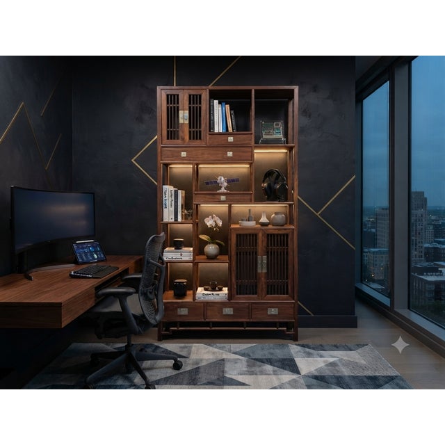 Asian Asian Inspired Asymmetrical Light Brown Shelving Display Cabinet Divider Inspired Asymmetrical Light Brown Shelving Display Cabinet Divider For Sale In San Francisco - Image 6 of 12