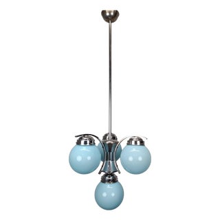 Czech Art Deco Blue Opaline Glass and Chrome 4-Light Chandelier, 1930s For Sale