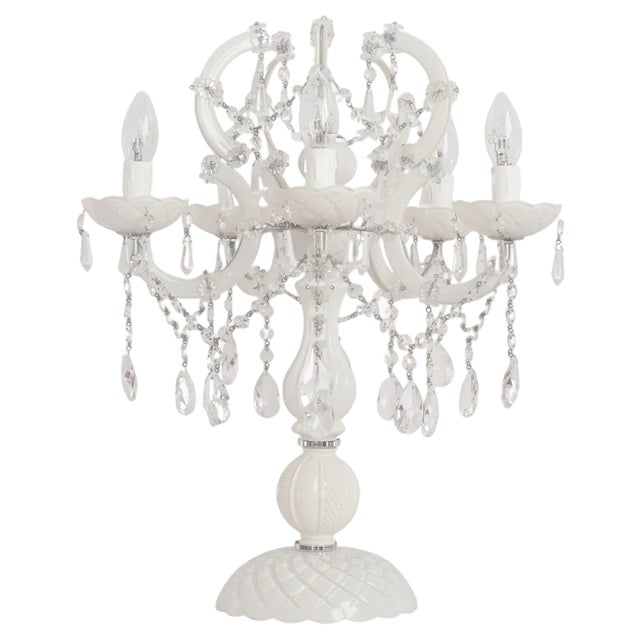 White Murano Glass Table Lamp with Pendants, Crystal Octagons Chains, 5 Lights, Handmade Made in Italy, 2000s For Sale