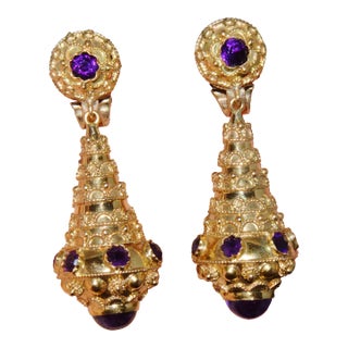Late 19th Century Gorgeous Italian Etruscan Revival 18k 750 Solid Gold Amethyst Dangle Chandelier Earrings For Sale