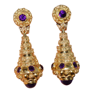 Late 19th Century Gorgeous Italian Etruscan Revival 18k 750 Solid Gold Amethyst Dangle Chandelier Earrings