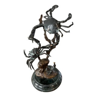 Fighting Bluepoint Crab Brass Sculpture on Green Marble Base For Sale