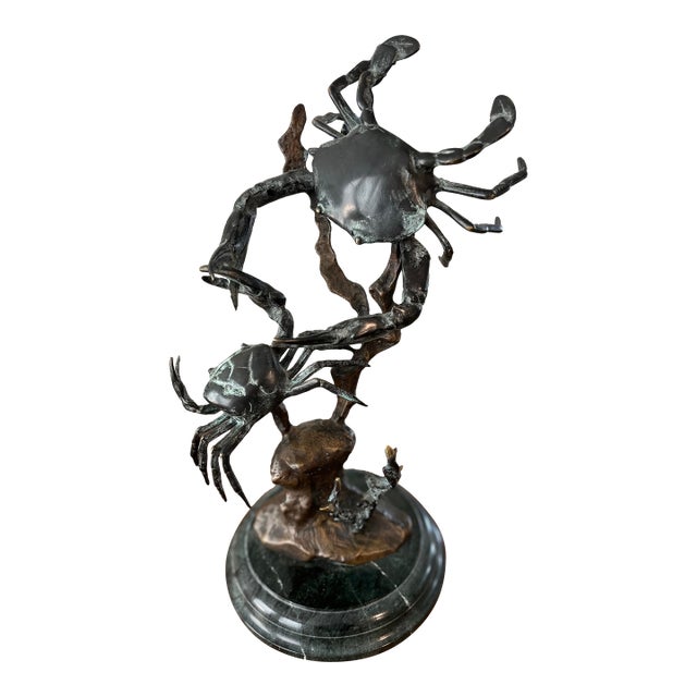 Fighting Bluepoint Crab Brass Sculpture on Green Marble Base For Sale