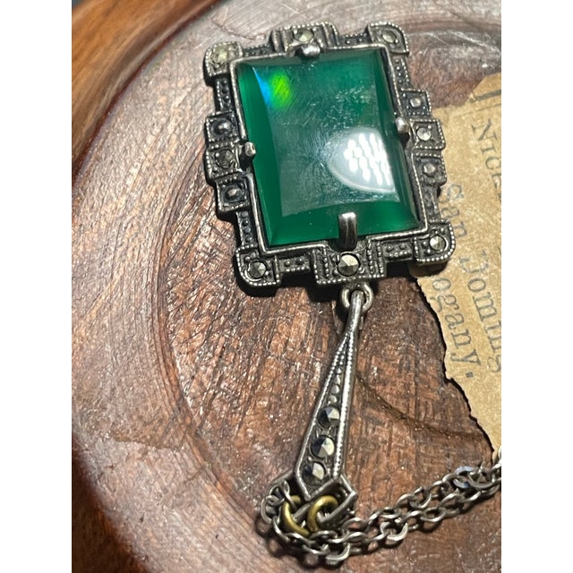 Art Deco 1920s Art Deco Silver Chrysoprase Marcasite Necklace For Sale - Image 3 of 9