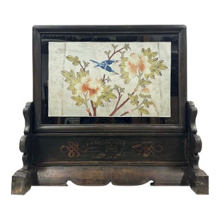 Antique Chinese Wooden/Revers Painting Glass Table Screen For Sale