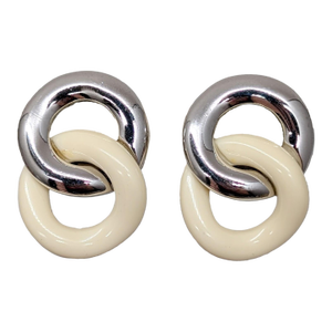 Vintage 1980s Signed Givenchy Rhodium Plated Ivory Enamel Figure 8 Clip Earrings-2 Pieces