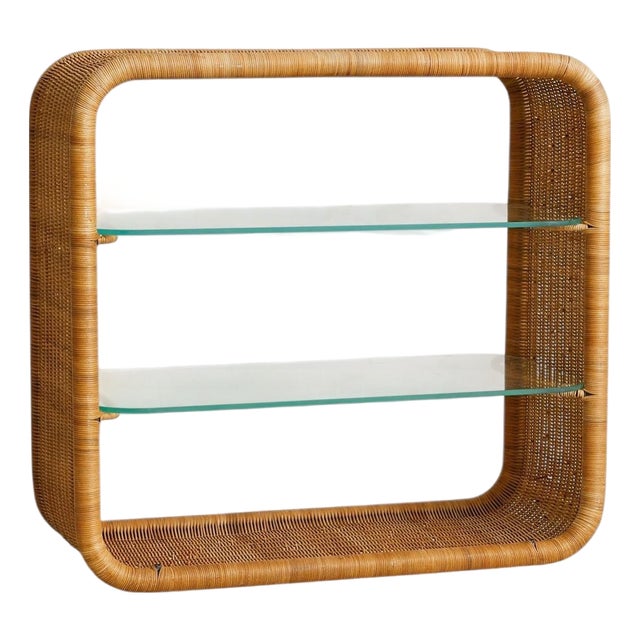 French Rattan + Glass Shelf in the Manner of Louis Sognot, 1960s For Sale
