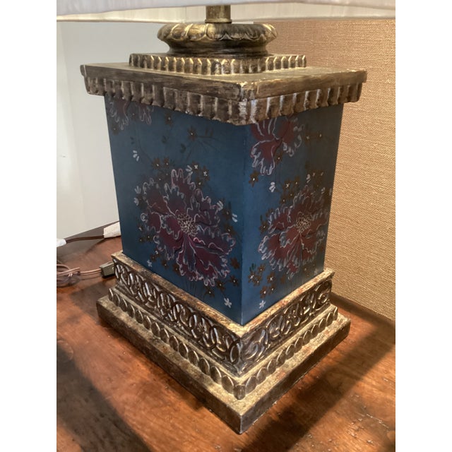 Vintage Chinoiserie Teal Floral & Gilt Architectural Table Lamps - a Pair For Sale - Image 9 of 12