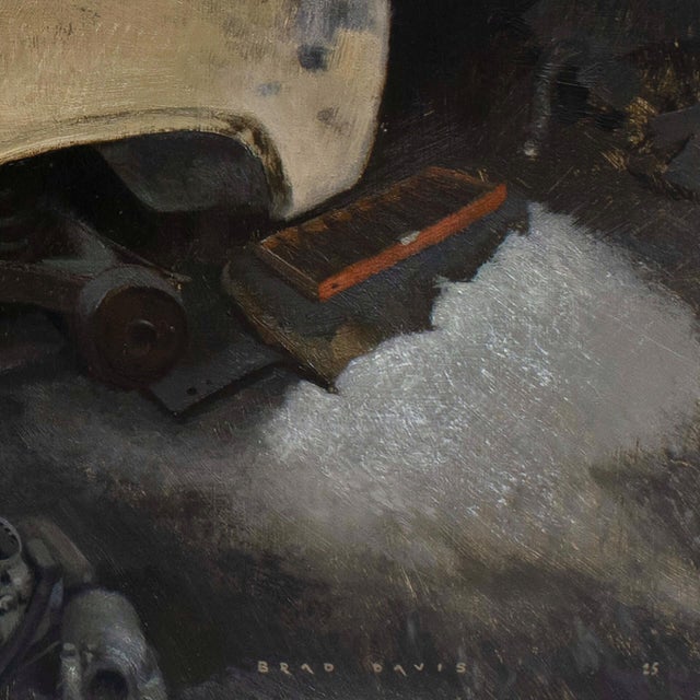 Early 21st Century 8th and Watts by Brad Davis | Oil on wood panel of a vintage car in a garage setting For Sale - Image 5 of 5