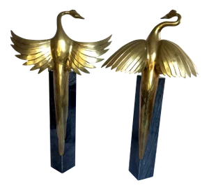 1970s Marble Pedestal and Brass Crane Sculptures - a Pair