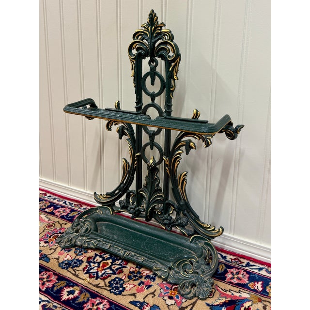 Antique English Gilt & Painted Cast Iron Umbrella Stick Cane Stand For Sale - Image 13 of 16