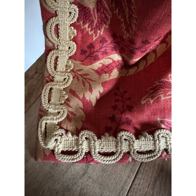 Textile Custom Interlined Linen Damask Pinch Pleat Drapery Panels – Red & Gold, 68 X 94 Pair,Tiebacks For Sale - Image 7 of 11