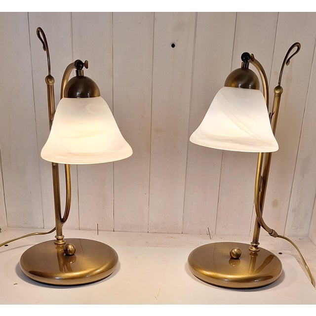 1980s Vintage Italian Table Lamps with Brass Frames and Murano Glass Shades, 1980s, Set of 2 For Sale - Image 5 of 8