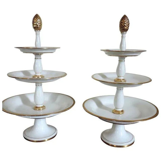 Early 19th Century French Empire Old Paris Porcelain White & Gold Edouard Honore Three Tier Dessert Tazza Hors d’oeuvres Stand - A Pair For Sale - Image 11 of 11
