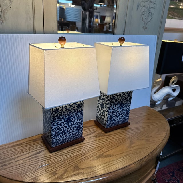 Chinoiserie Ralph Lauren Blue + White Table Lamps, Pair For Sale - Image 10 of 12