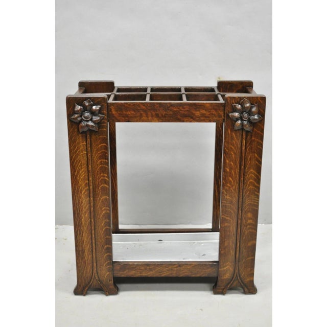 Antique Arts & Crafts Oak Wood Relief Carved Flower Umbrella Stand by MI Chair For Sale - Image 16 of 18
