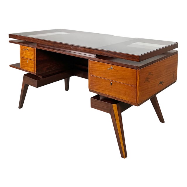 Art Deco Italian Desk in Wood and Glass, 1940s For Sale