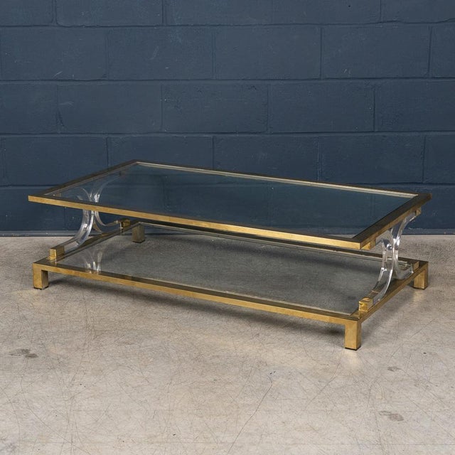20th Century Hollywood Regency Italian Glass, Brass and Acrylic Glass Coffee Table, 1980 For Sale - Image 4 of 14
