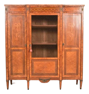 Paul Sormani Style Antique French Regency Louis XVI Kingwood Inlaid Marquetry Armoire or Bookcase Cabinet With Mounted Bronze Ormolu, Circa 1880s