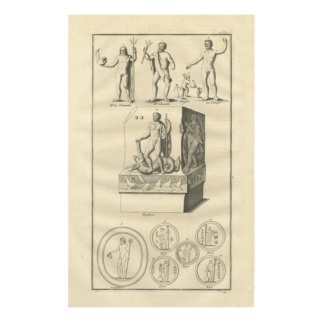 After Bernard de Montfaucon, Neptune / Poseidon Sculptures and Coins, 1721, Engraving For Sale