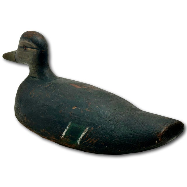 Army Green Very Large Size Antique American Carved Wood Hand Painted Duck Hunters Decoy From Downeast Coastal Maine - 21 1/2 Inches Long For Sale - Image 8 of 18