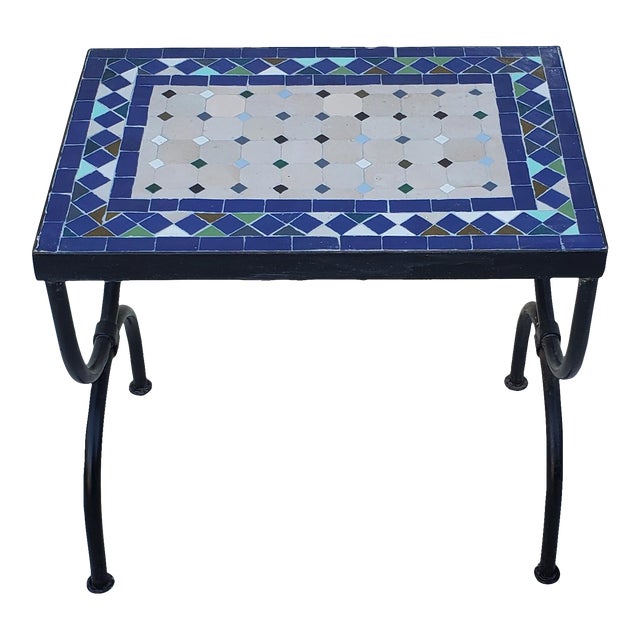 Handmade Moroccan White and Shades of Blues Mosaic Side Table, Extra Small Rectangular For Sale