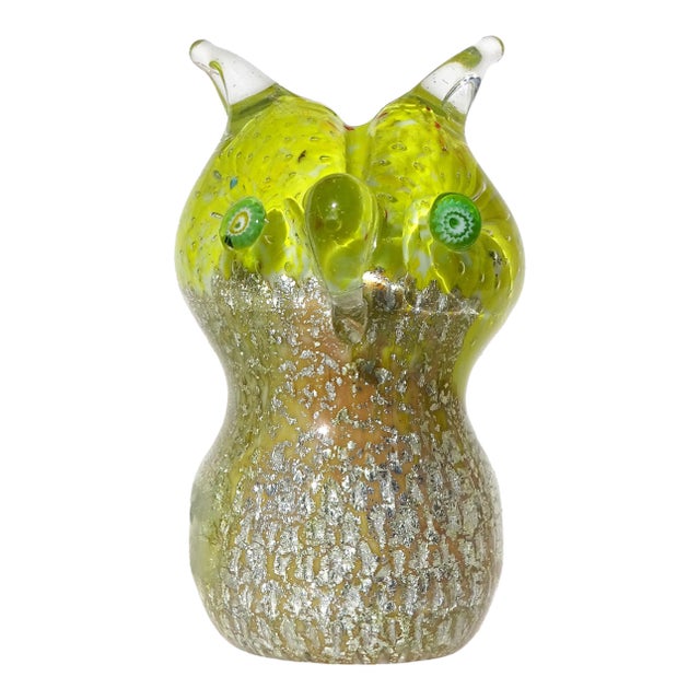 Murano Vintage Owl Yellow Silver Flecks Green Eyes Murrines Italian Art Glass Paperweight Figurine Sculpture For Sale