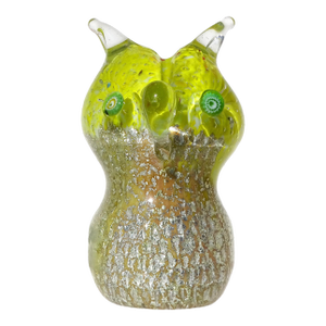 Murano Vintage Owl Yellow Silver Flecks Green Eyes Murrines Italian Art Glass Paperweight Figurine Sculpture