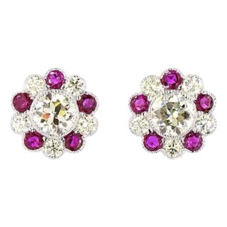 1940s 2.79 Carat Round Brilliant Cut Diamond Ruby Earrings, Pair For Sale