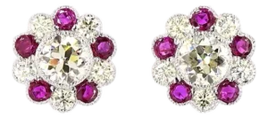 1940s 2.79 Carat Round Brilliant Cut Diamond Ruby Earrings, Pair