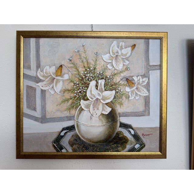 Vintage Ramon Textured Floral Still Life Painting Lilies Framed Canvas Art For Sale - Image 9 of 12