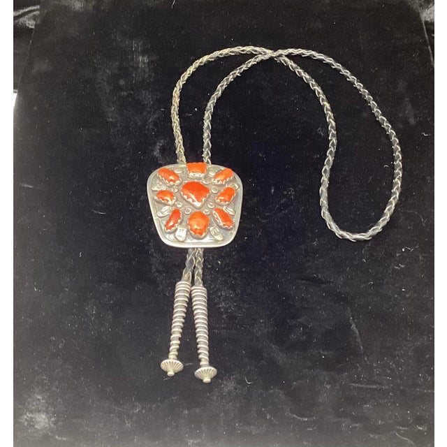 Native American Carmelo Patania (1902-1999) Outstanding Mediterranean Coral Set in Sterling Silver W Lovely Aglets. For Sale - Image 3 of 6
