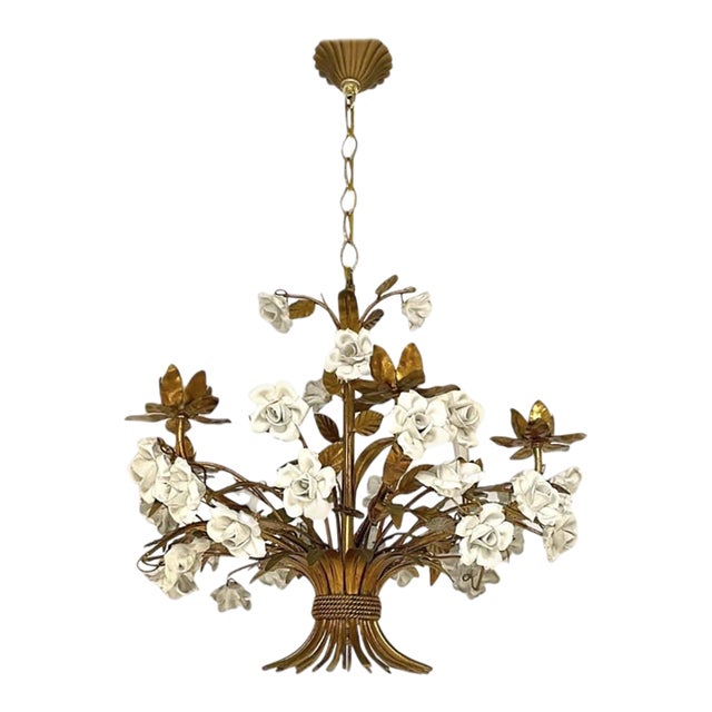1960s Hollywood Regency Italian Gold Gilt Tole White Porcelain Roses Chandelier For Sale