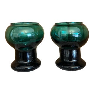 Vintage Danish Holmegaard Teal Green Glass Candle Holders Art Glass Goblets Vase Set of 2 For Sale