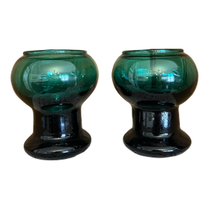 Vintage Danish Holmegaard Teal Green Glass Candle Holders Art Glass Goblets Vase Set of 2