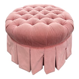 Early 21st Century Ethan Allen Pink Velvet Tufted Round Ottoman For Sale