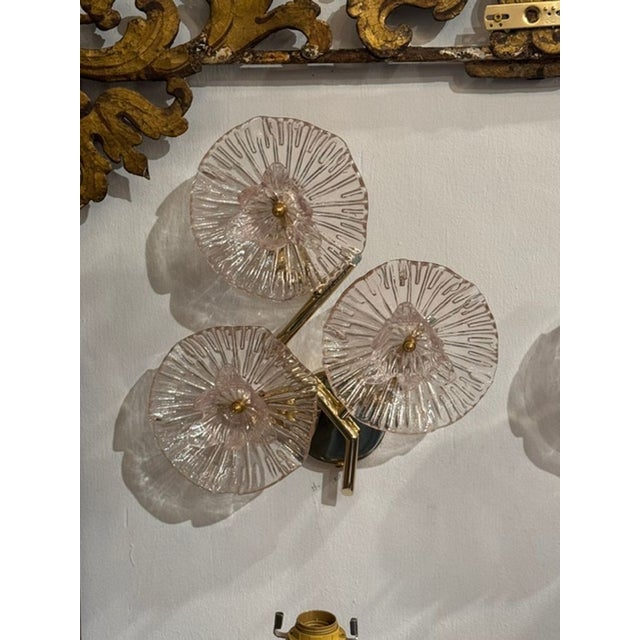 Modern Pair of Murano Pink Flower Wall Sconces For Sale - Image 3 of 8